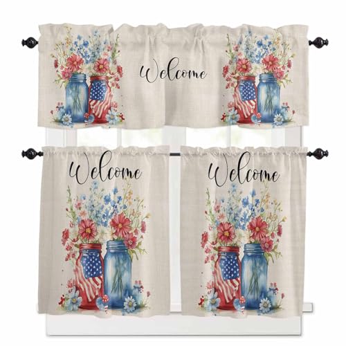 4th of July Kitchen Curtains 36 Inch Length,3 Piece Rod Pocket Small Half Tiers and Valance Set,Independence Day Spring Floral US Flag Retro Small Large Window Treatment Decor for Bedroom/Bathroom