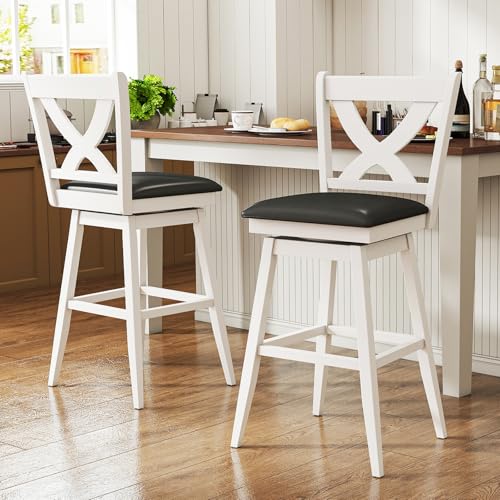 Image of Swivel Bar Stools Set of 2, Farmhouse 30 inch Counter Height Barstools with X Carved Backs, Wooden Bar Chair with Solid Wood Legs & Footrest for Kitchen Island, Home Bar, Pub. Pure White