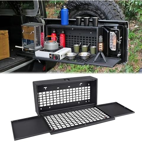 MAIKER Tailgate Table Storage Lock Box, Multi-Functional Rear Foldable Table Cargo Shelf Storage Molle Panel Camping Desk Compatible with Jeep Wrangler JK JKU JL JLU Cover