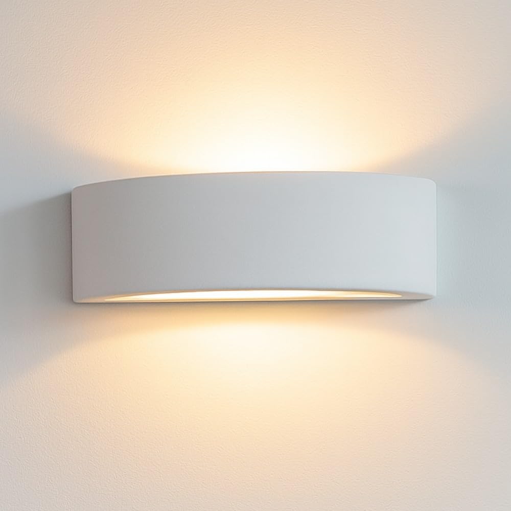 Applique lampada da parete di gesso ceramica bianco pitturabile forma curva luce sorpa sotto e27 led per interni Made in Italy