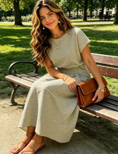 Image of Zontroldy Women's Summer 2 Piece Outfits Striped Skirt Sets Cap Sleeve Crop Top Midi Dress Matching Travel Outfits