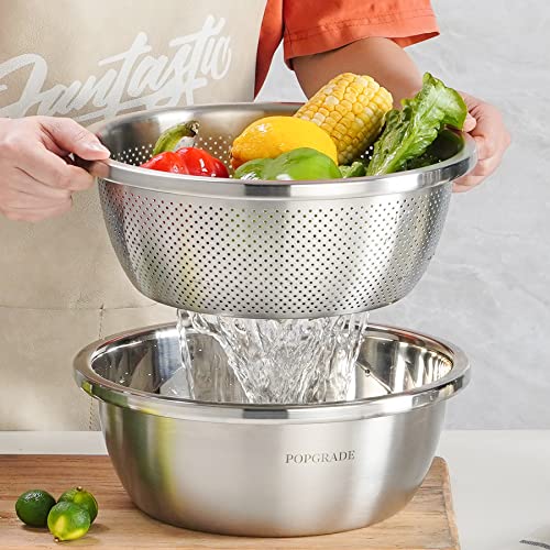 304 Stainless Steel Colander With Mixing Bowl, 5-Qt Large Rice Washing Bowl Colander Food Strainers Set, Fruit Vegetable Washing Basket, Pasta Spaghetti Rice Rinser Strainer Washer #TOP1