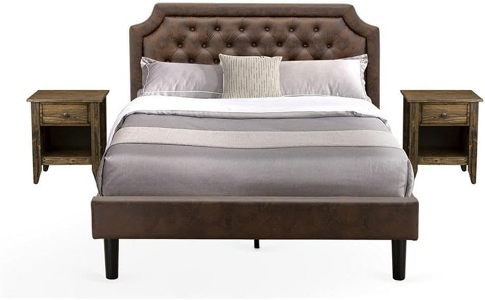 East West Furniture GB25Q-2GA07 3-Pc Queen Bed Set with Button Tufted Bed Frame and 2 Distressed Jacobean Mid Century Modern Nightstands - Dark Brown faux Leather with Black Texture and Black Legs