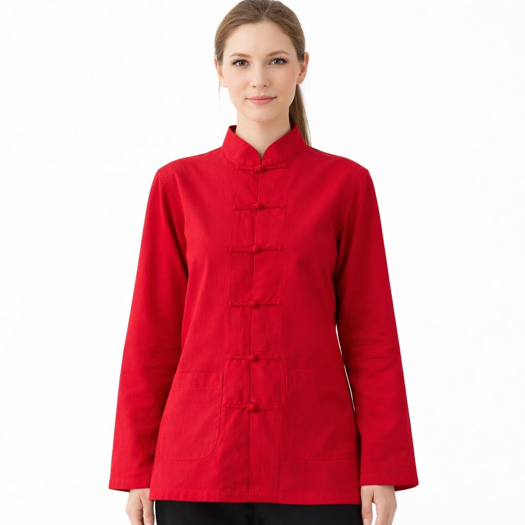 Lazutom Women's Red Linen Long Sleeve Chinese Martial Arts Kung Fu Tai Chi Tang Suit Shirt Top