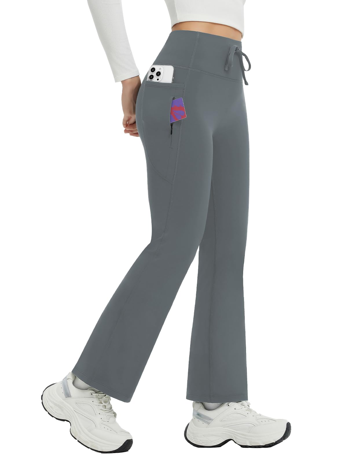 baleaf Damen Thermohose High Waist Thermo Flared Leggings Petite Winter Fleece gefütterte Yogahose mit Taschen Outdoor Warm Drawstring Thermal Leggings Bootcut Jogginghose