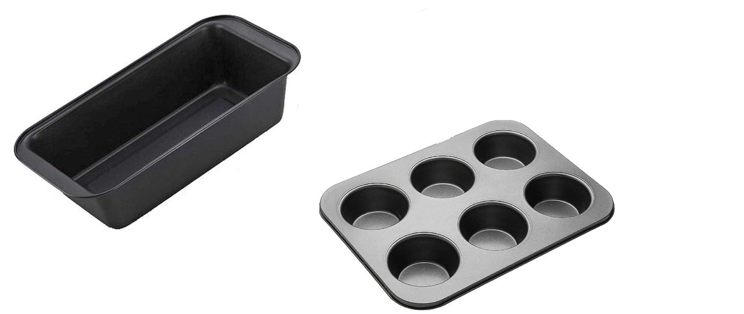 Cake Making Set – 2 in 1 Combo of Bread loaf Pan and 6 Slot Muffins Tray I Carbon Steel Baking pan | Cake Baking and Decoration Tools I Can be Used Microwave Oven OTG, Cooker – Black