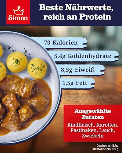 SIMON Delikatess Rindergulasch 300 g I Zartes Rindfleisch in herzhafter Sauce I Fertiggericht in recyclebarer Konserve I Authentische Hausmannskost