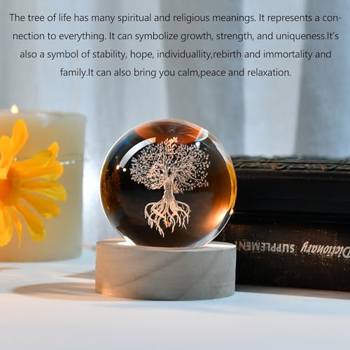 Image of IFOLAINA Tree of Life Crystal Ball Birthday Gifts for Mom Friends | Decorative Engraved Glass Globe with Lighted Base Tree of Life Decor Lamp 3D Crystal Plant Sphere Gifts for Women Coworker