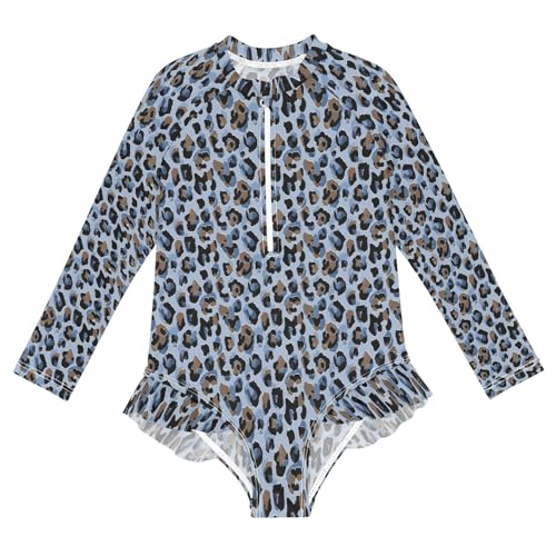 ALAZA Toddler Swimsuit Girl Bathing Suit Swimwear Rash Guard Light Blue Leopard Cheetah Long Sleeve 3T