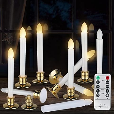 CelebrationLight 10 Pack Flameless Taper Candles with Remote/Timer, Battery Operated Flickering LED Window Candles, Vintage Christmas Electric Fake Candlesticks, Golden Holder Cover