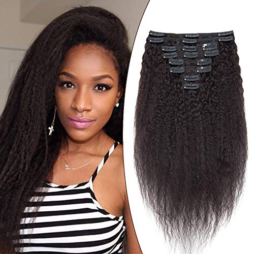 Kinky Straight Extension a Clip Cheveux Naturel Afro Crépus Lissés - 8 Pcs Rajout Tissage Cheveux Humain (#1B Noir Naturel, 25 cm 100g)