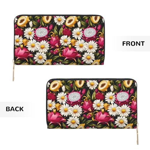 Leather Thin Slim Wallets for Women & Men - Daisy Dragon Fruit Print Card Wallet Holder with Zipper 7