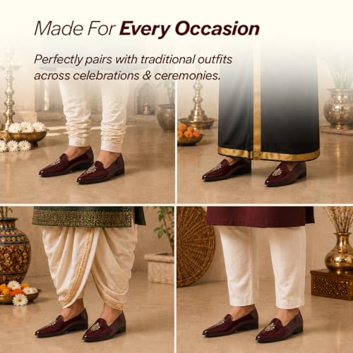 Image of FAUSTO Men's Patent Glossy Ethnic Embroidered Design Slip On Shiny Juttis & Mojaris for Party|Wedding|Festival