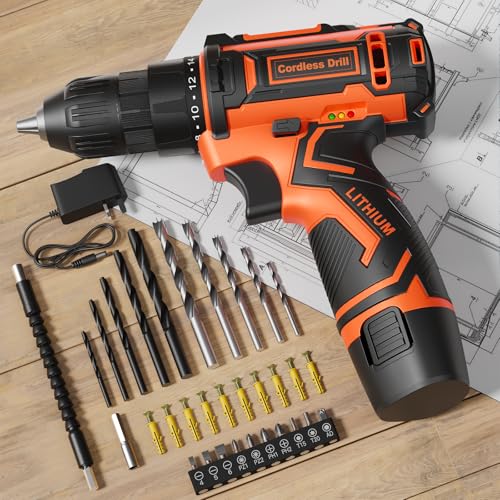 Cordless Drill, 12V Electric Screwdrivers Cordless, Rechargeable Power Mini Combi Drill and Screwdriver Set, 3/8' Keyless Chuck, 42Pcs Accessories, 2000mAh Battery Small Hand Drills Driver DIY Tools