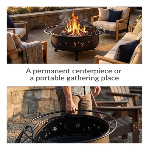 Image of Sunnydaze Cosmic 42-Inch Large Outdoor Fire Pit - Wood-Burning Firepit for Outside Patio, Backyard, Deck - Steel - Wood Grate, Spark Screen, and Fireplace Poker Included - Black - 34 inch Bowl Diameter