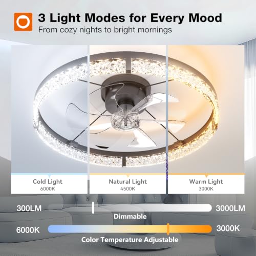 Image of addlon Ceiling Fans with Lights and Remote, 24'' Low Profile Flush Mount Ceiling Fan, 3000-6000K Dimmable LED Fandelier, Bladeless Crystal Fan Light for Bedroom, Kitchen, Living Room, Black