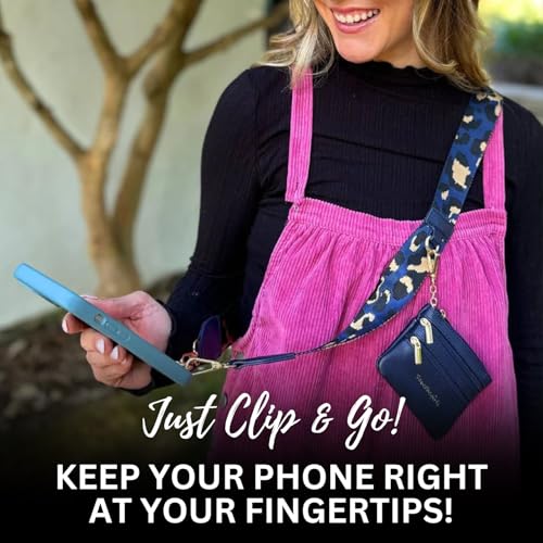 Image of Save the Girls Original Clip and Go Phone Strap (Leopard Navy /Brown - Navy Pouch) - Crossbody Phone Strap Chain with Zipper Wallet Pouch - Phone Lanyard with Zippered Pouch