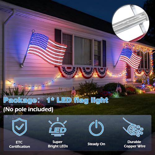 Image of LED American Flag Lights for Wall Pole, Light Up US Flags, 24 inchx21.65 inch Lighted Flag with 340 LEDs Red, Blue, White Colors, Waterproof Banner for Indoor Outdoor Memorial Day Daily Decor