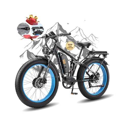 VNUVCOE 52V Electric Bike for Adults, 38MPH 26” Fat Tire Dirtbike 6000W Peak, AWD Ebike Dual Motor,26AH Removable Battery Fast Full Hydraulic Brake (V3Pro-Dual Motor 52V26AH, Blue)