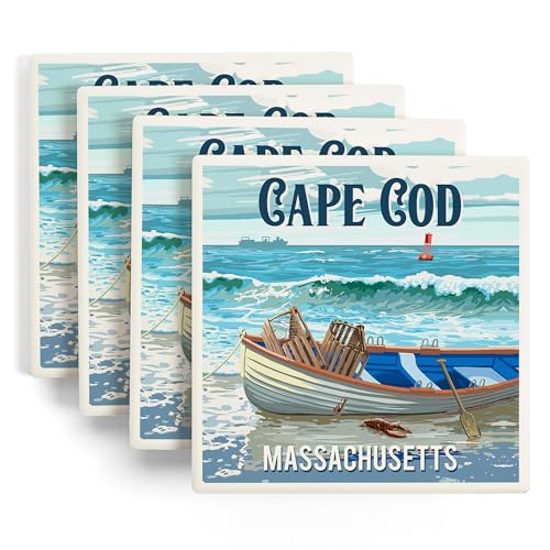 Lantern Press Cape Cod, Massachusetts, Dory and Lobster Traps (Absorbent Ceramic Coasters Set of 4 Matching Images, Cork Back, Kitchen Table Decor)