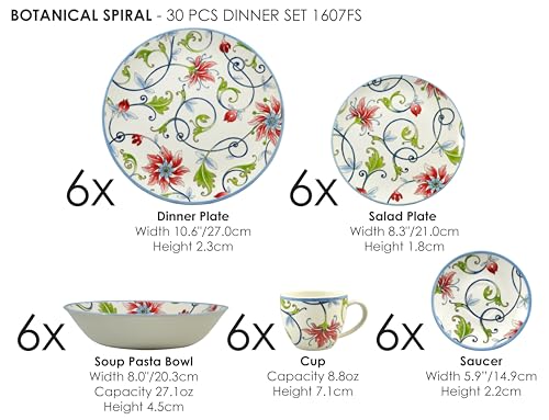 TUDOR ROYAL 30-Piece Round Porcelain Dinnerware Set, Service for 6, BOTANICAL Design, Multicolor Floral, Plates Bowls Mugs Saucers Dishes, High Gloss, Premium Quality - Image 3