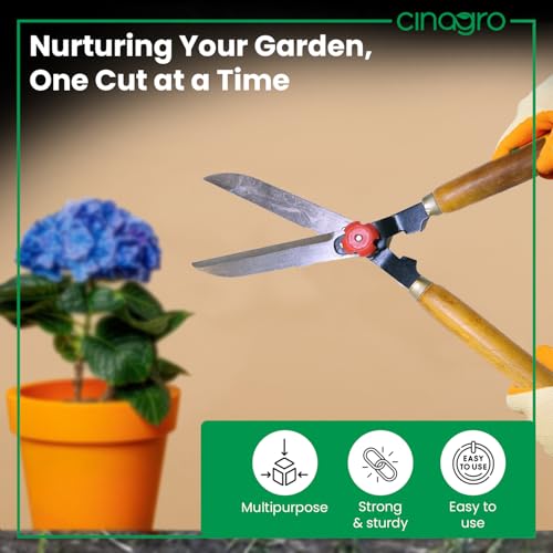 Image of Cinagro Garden Hedge Shears with Wooden Handle, 4mm Thick Heavy Duty Carbon Steel Blade, Comfortable Grip for Trimming, Pruning, Cutting, Hedge Cutter Tool For Lawn, Shrub, Plant Branch Scissors