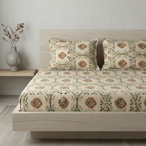 Image of LOOMLYFE 300 TC Cotton Double Bedsheet with 2 Pillow Covers | 90x100 Inches King Size Bed Sheet | Soft, Breathable & Fade Resistant Bedding Set - BeigeJaipuri