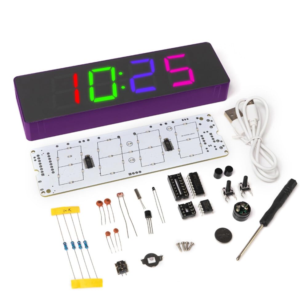 Soldering Practice Kit, 4-digit RGB Colorful LED Digital Clock Kit Digital Alarm Clock Electronic Practice Learning Board DIY Kit for Adults Digital Soldering Project Kit