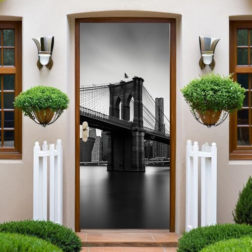 Noir Papier Peint Porte 73x204 cm Le pont de Brooklyn et New York Trompe l'oeil Sticker Poster Porte Trompe l'oeil Intérieure Muraux PVC pour Décoration Mur...