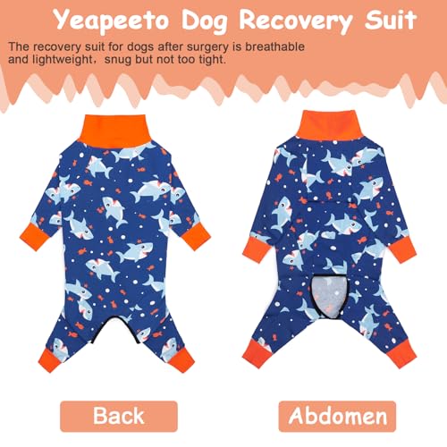 Yeapeeto Einteiler für Hunde, zur Erholung, für große und mittelgroße Hunde, Schlafanzug, Ganzkörper für Haarausfall, Allergien, Anti-Lecken, Wundschutz, Kegel-Alternative(4XL, Blau-Hai)