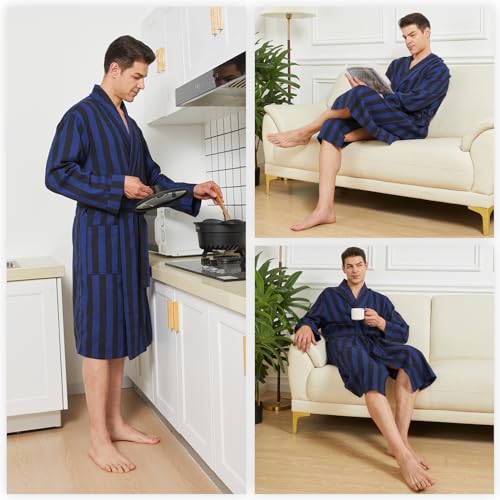 Image of FashGudim Mens Buffalo Plaid Cotton Robe Lightweight Bathrobe Shawl Collar Kimono Sleepwear Loungewear House Robes