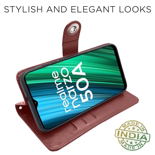 Image of Pikkme Realme Narzo 50A Flip Cover Leather Finish | Inside TPU with Card Pockets | Wallet Stand and Shock Proof | Complete Protection Button Flip Case (Brown)
