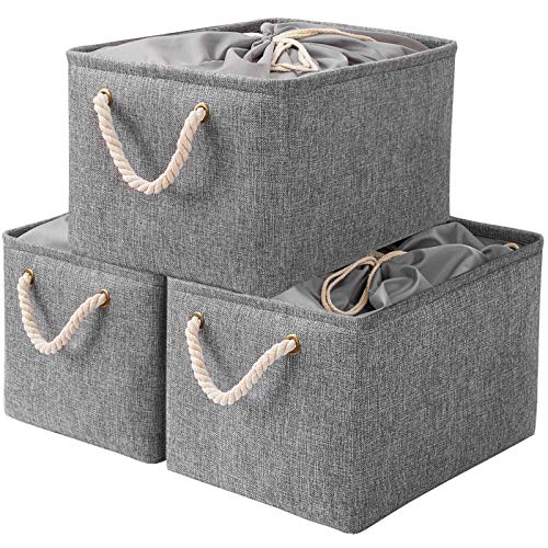 Yawinhe Foldable Storage Baskets 3 Pack, with Drawstring Cover and 2 Handles, Collapsible Storage Bins, for Toys, Shelves, Clothes, Books, 42x32x26cm, Grey, SNK003GL