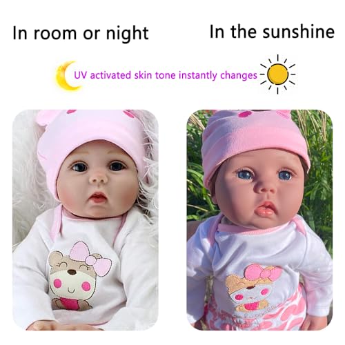 WOOZHI MagicTan UV-Reaktive Reborn Puppe 55cm - Sonnenempfindliche Baby Puppe mit Farbwechsel-Haut, Weiches Silikon, Sofort Bräunungseffekt, Neugeborene Puppe Realistisches Spielzeug für Mädchen – Bild 3