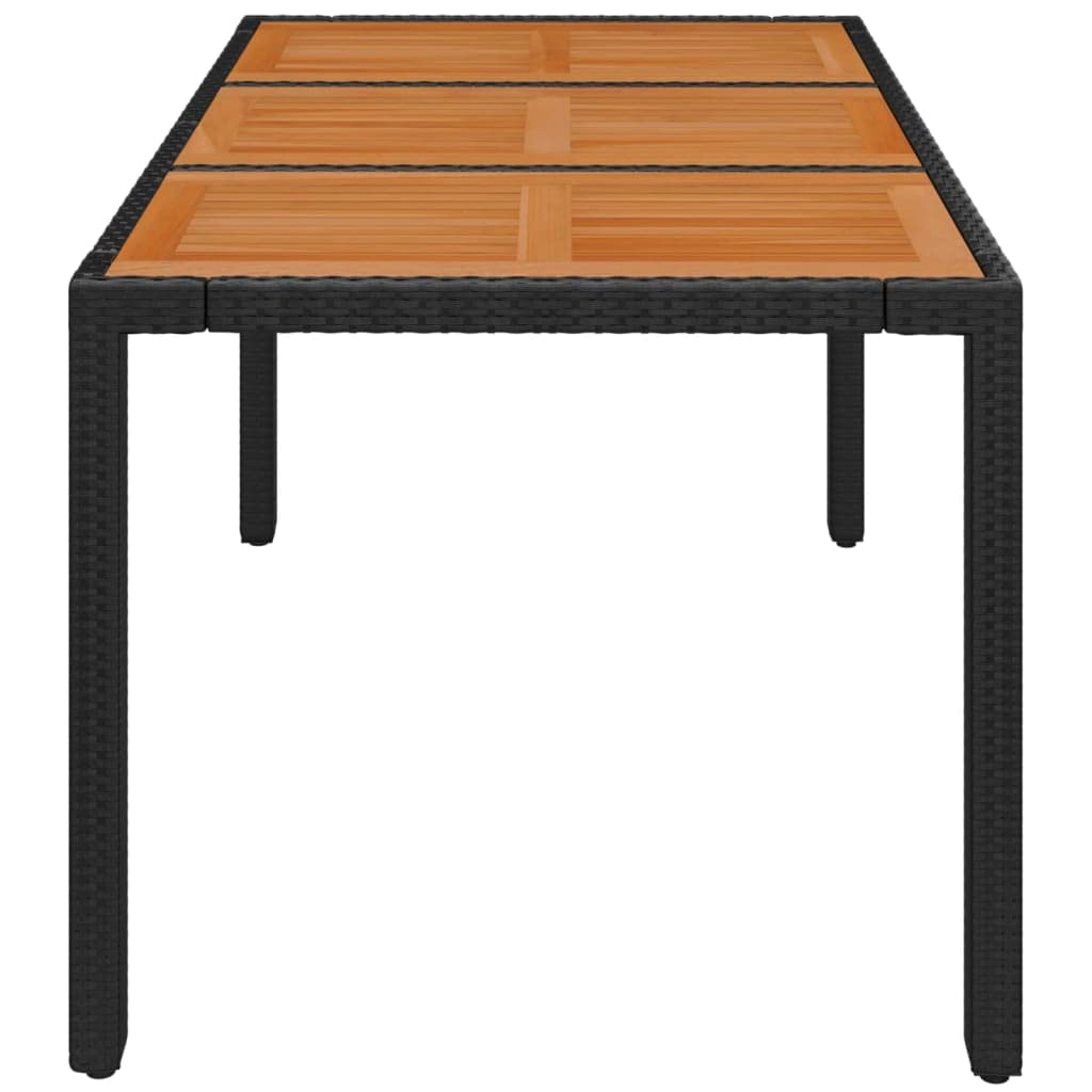 Mesa de jardín de ratán sintético negro 150 x 90 x 75 cm con tablero de madera de acacia maciza, mesa de jardín resistente al agua para terraza y jardín, marco de acero pulverizado