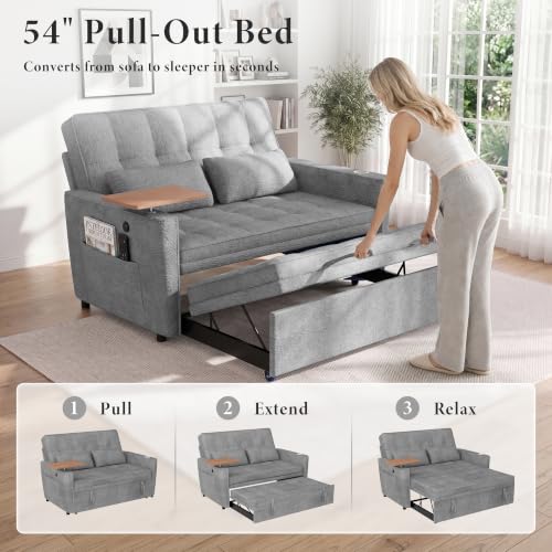 Image of Dreamzie 54'' Convertible Sleeper Sofa Bed with Swivel Side Table, Chenille Pull Out Couch for Living Room, Loveseat Sleeper Couch with Side Pocket | Charging Port | Cup Holder, Light Grey