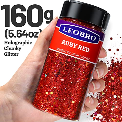 LEOBRO Holographic Red Chunky Glitter 160G/5.64OZ, Resin Glitter Powder Sequins Flakes for Christmas - Image 2