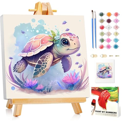 Paint by Numbers for Children with Frame and Woodeen Easel Turtle Painting by Numbers Kits for Kids Ages 4-8-12 DIY Turtle Acrylic Oil Painting for Home Wall Art Decor Gift 7.8x7.8Inch