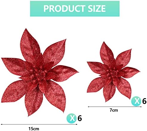 12 Pcs Glitter Christmas Flowers Christmas Poinsettia Flower Decoration Artificial Poinsettia Flower Christmas Tree Flower Decorations Xmas Tree Ornaments Dia 8 Inch/15CM (Red)