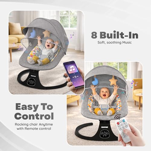 Image of Electric Baby Swing Rocker with Bluetooth Music, Remote Control, 5-Point Safety Harness, Soft Cushion, Mosquito Net & Canopy, Infant Swing for 0-12 Months (Grey)