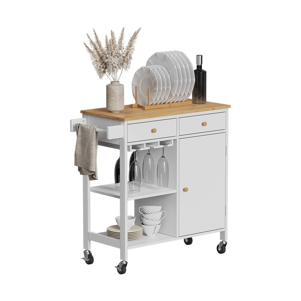 Vicco Küchenwagen Trayz, Weiß, 89 x 87 cm mit Rollen, mit Flaschenablage und Weinglashalter für Flexible Nutzung