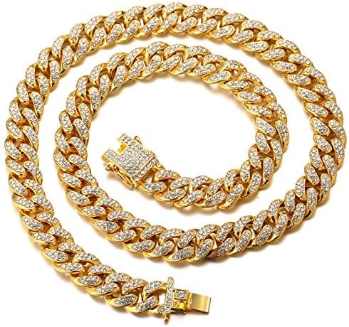 HALUKAKAH Gold Chain for Men 14/20MM 18k Real Gold Plated/Platinum White Gold Diamond Cuban Link Chain Choker Necklace Bracelet,Prong Set,with Giftbox