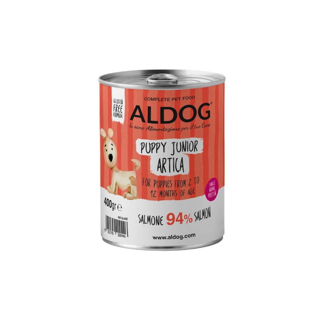 Puppy Aldog húmedo perro sabor salmón, paté para perros cachorros de todos los tamaños y razas, alimento completo para perros cachorros | 6 latas de 400 gramos cada una.