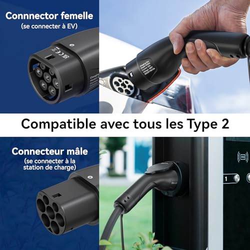 mavulo câble de recharge voiture Électrique ev/phev, type 2 de type 2 | 7.2kw | 32a | 5mètres | monophasée, câble t2 pour zoe,e 208,id3, id4, id5, e tense, etc sac de transport