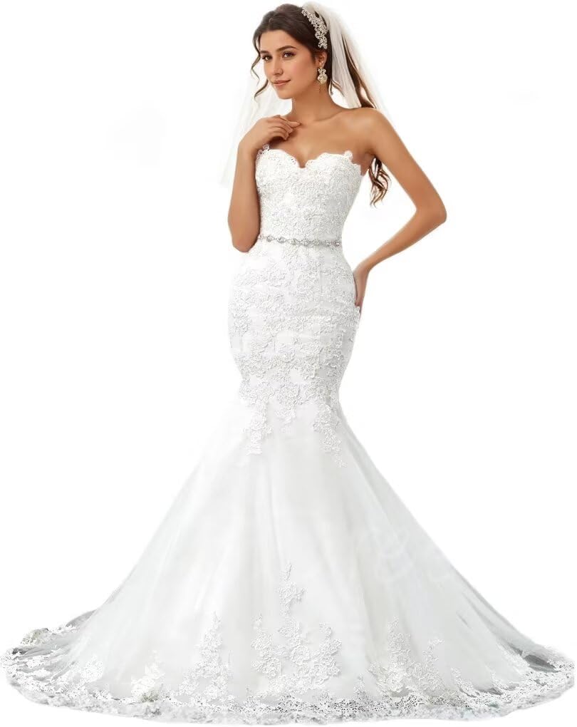 Lace Mermaid Wedding Dress 2026 Strapless Beach Wedding Dresses for Women Bride Applique Tulle Long Boho Bridal Gowns