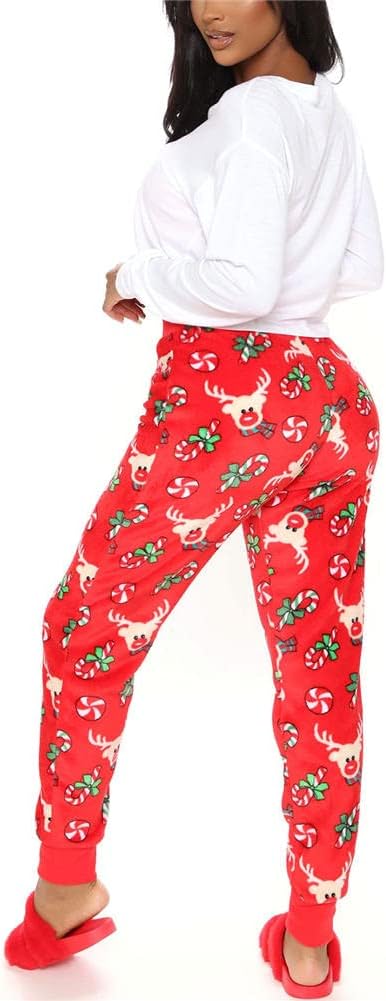 Women Christmas Lounge Pants Winter Velvet Christmas Printed PJ Jogger Comfy Mid-Waist Drawstring Lounge Pajama Pants