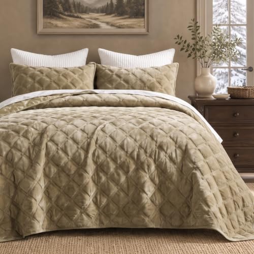 WONGS BEDDING Velvet Comforter King, Lattice Diamond Quilt Set, Urban Taupe - image 1