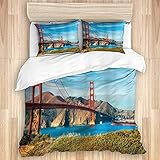 Bettbezug-Set, San Francisco Golden Gate Bridge Sommerhimmel Sonniger Tag Ozean Stein Touristenattraktion Bild, 3-teiliges Luxus-weiches Bettwäsche-Set (ohne Tröster)