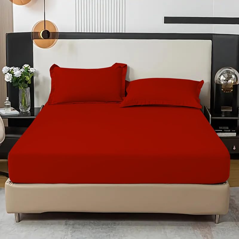 Fit Even Bedding Fitted Sheet - Deep Pocket 25cm, Easy Care, Percale, Soft Brushed Polycotton Fabric, Shrinkage and Fade Resistant (Single, Red)