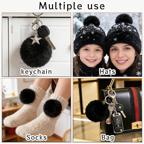 Image of 10Pcs Black 3.2Inch Faux Fur Pom Poms for Hats with Elastic Loop DIY Crafts